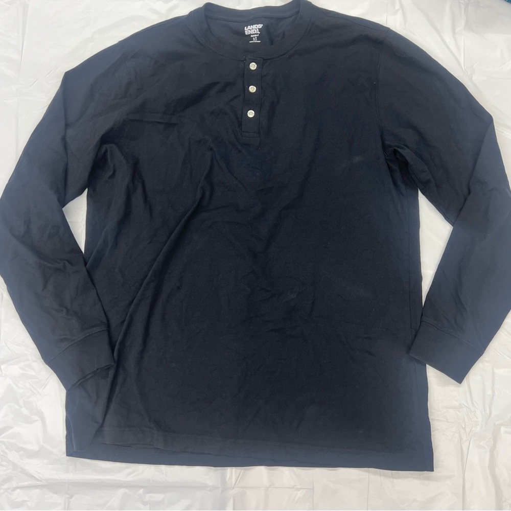 Lands End Shirt Mens Large Black Henley Super T Knit Long Sleeve Black